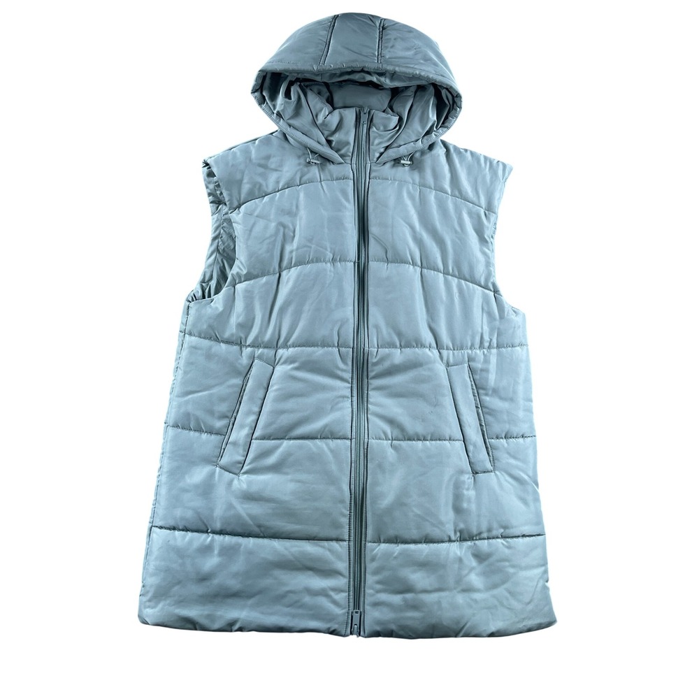Z by Zella Womens Hooded Puffer Vest Longline Quilted Sleeveless Jacket Sage S